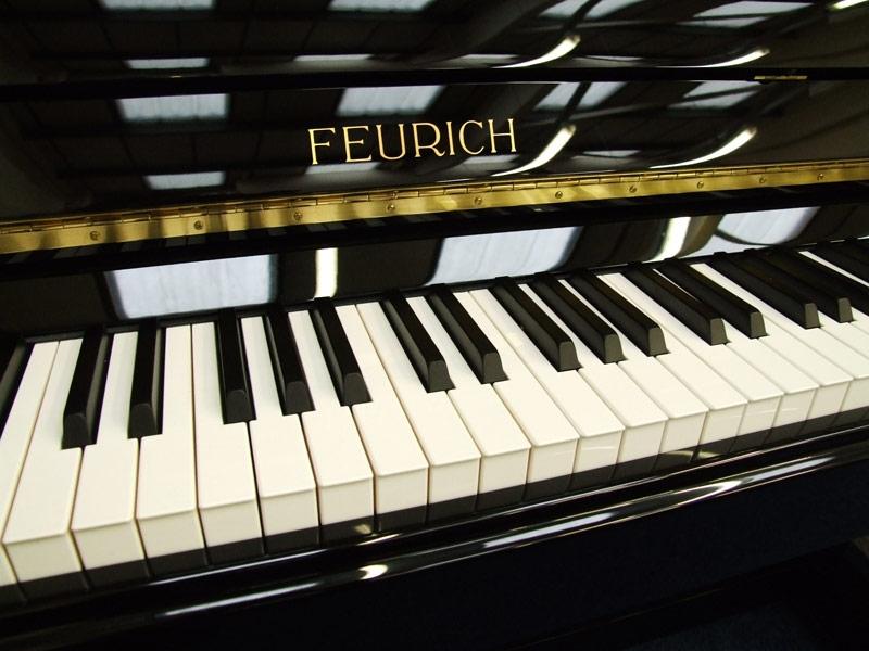 Feurich 122 upright Piano in black polyester – Gallery image – Roberts Pianos Oxford