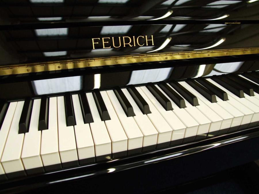 Feurich 122 upright Piano in black polyester – Gallery image – Roberts Pianos Oxford
