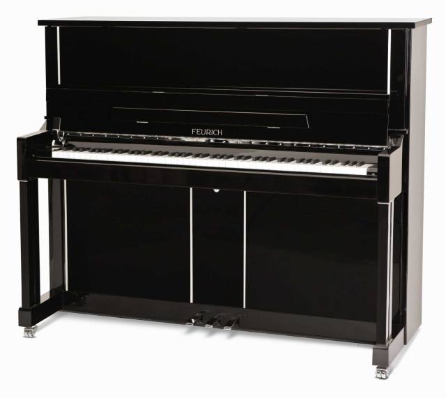 Feurich 125 upright Piano in Black Polyester – Inventory thumbnail – Roberts Pianos Oxford