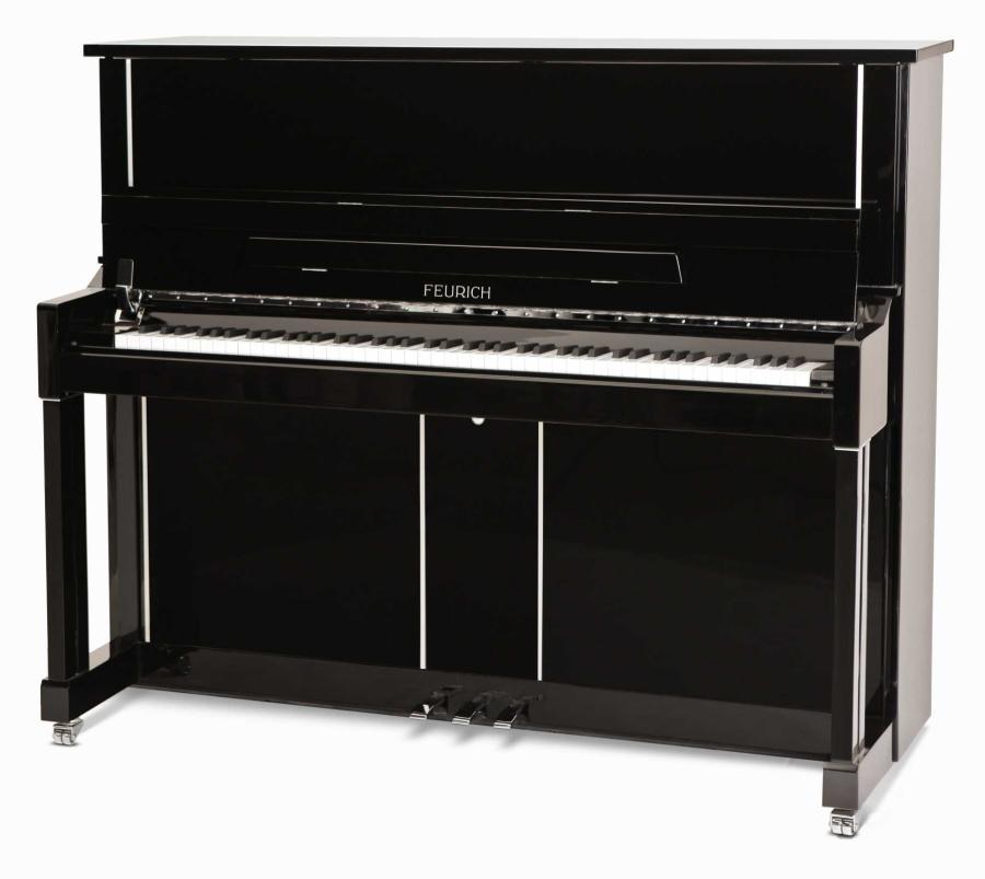Feurich 125 upright Piano in Black Polyester – Featured image – Roberts Pianos Oxford