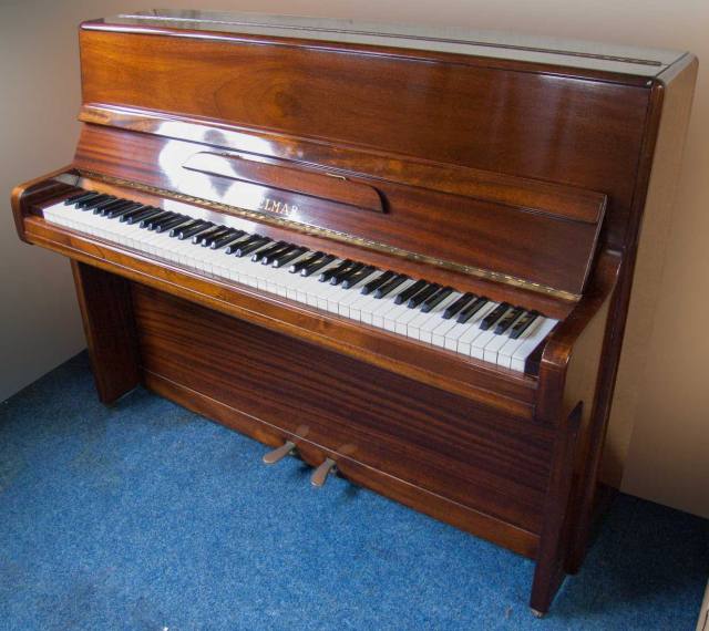 Welmar 110 upright Piano in medium-dark mahogany – Inventory thumbnail – Roberts Pianos Oxford