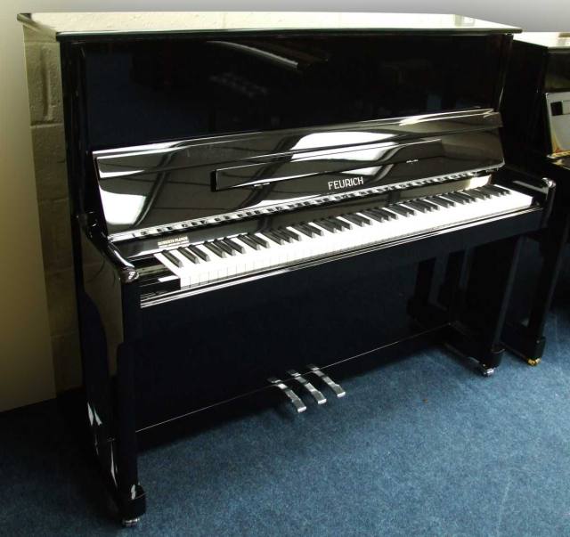 Feurich 122 upright Piano in gloss black – Inventory thumbnail – Roberts Pianos Oxford