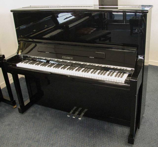 Feurich 133 upright Piano in black polyester – Inventory thumbnail – Roberts Pianos Oxford