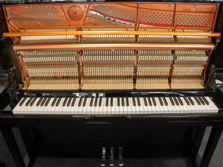 Feurich 133 upright Piano in black polyester – Gallery image – Roberts Pianos Oxford