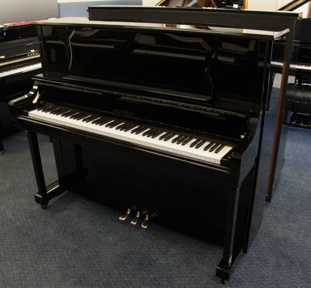 Steinhoven 125 upright Piano in Black Polyester – Inventory thumbnail – Roberts Pianos Oxford
