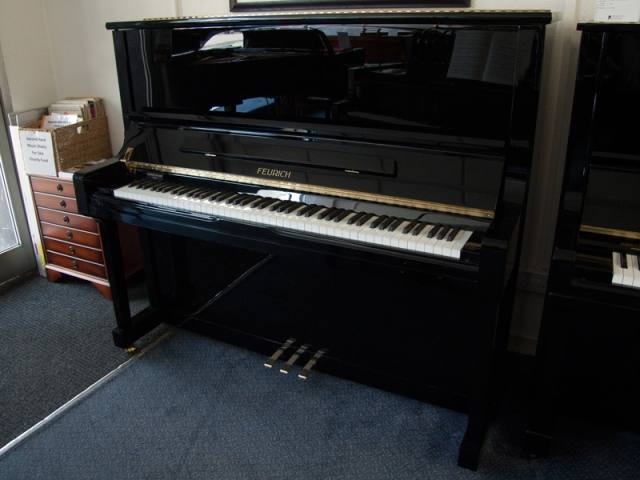 Feurich 133 upright Piano in Black – Inventory thumbnail – Roberts Pianos Oxford