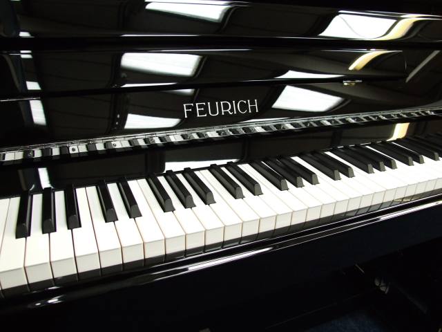 Feurich 122 upright Piano in Black – Inventory thumbnail – Roberts Pianos Oxford