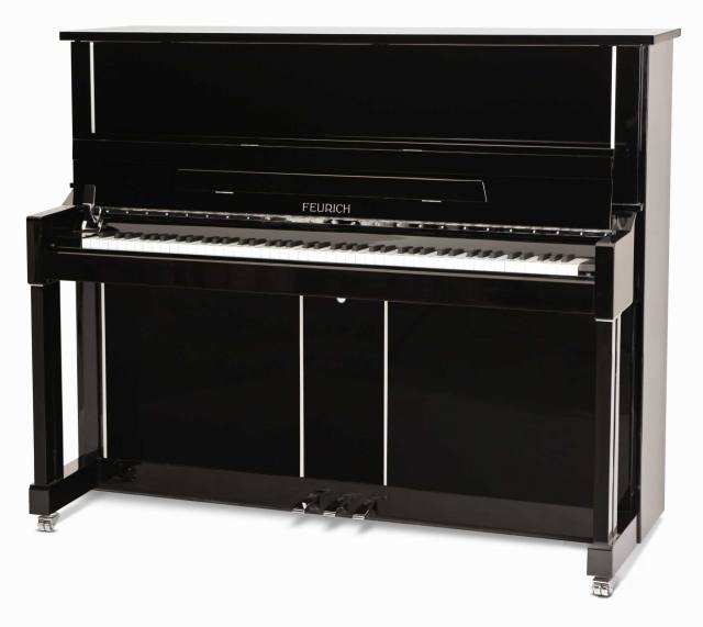 Feurich 125 upright Piano in Black – Inventory thumbnail – Roberts Pianos Oxford