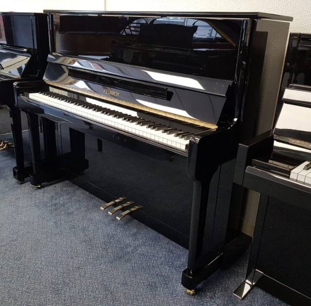 Feurich 122 upright Piano in Black – Inventory thumbnail – Roberts Pianos Oxford