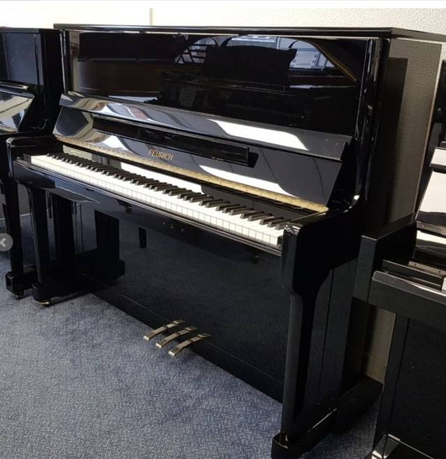 Feurich 122 upright Piano in Black – Inventory thumbnail – Roberts Pianos Oxford