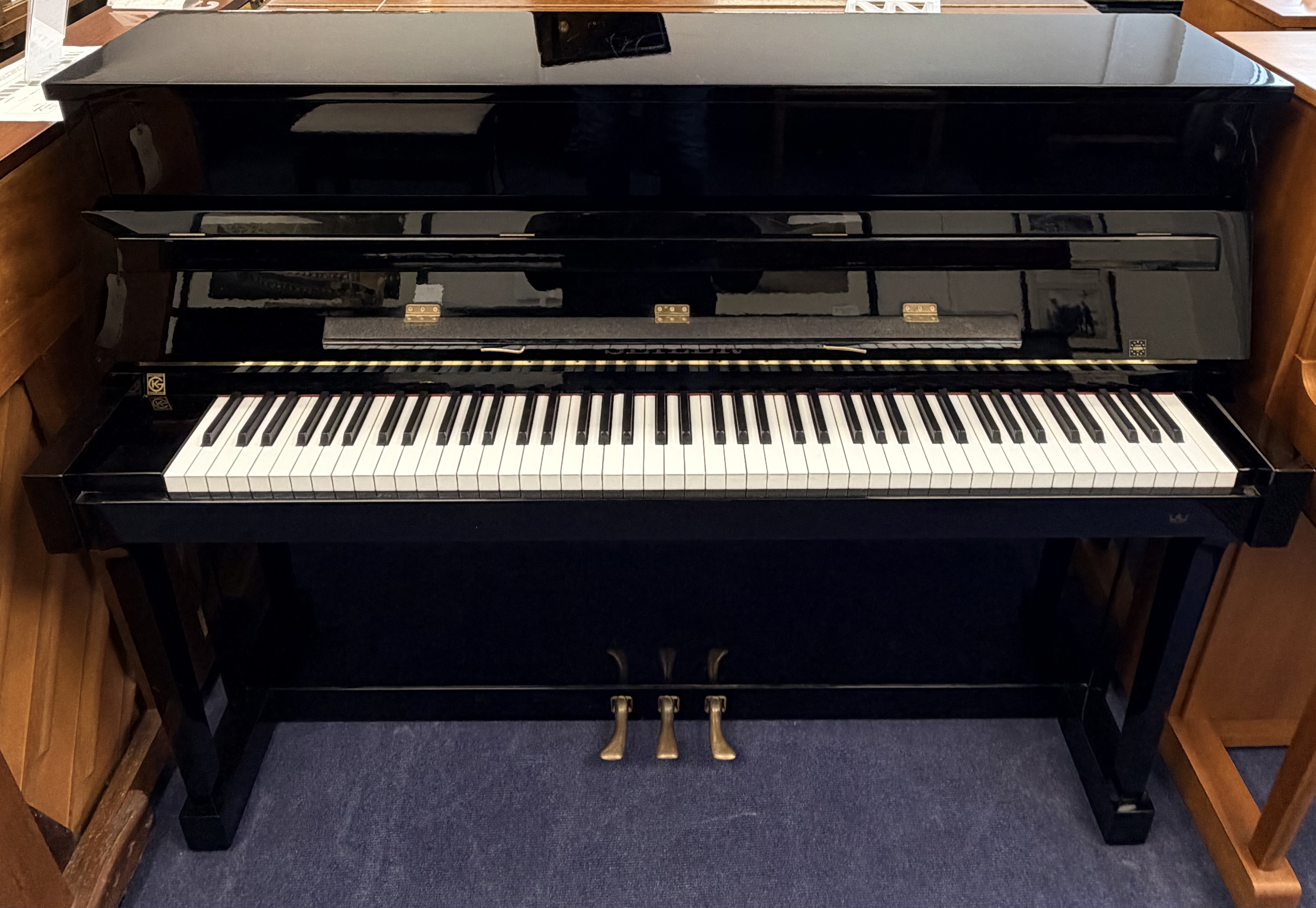 Seiler 116 Upright Piano in Black Polyester – Gallery image – Roberts Pianos Oxford