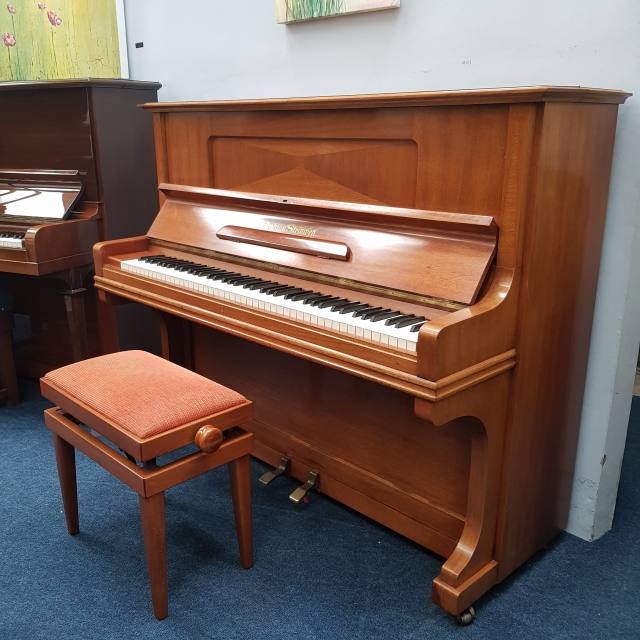 Grotrian Steinweg 120 upright Piano in Light Mahogany / Walnut – Inventory thumbnail – Roberts Pianos Oxford