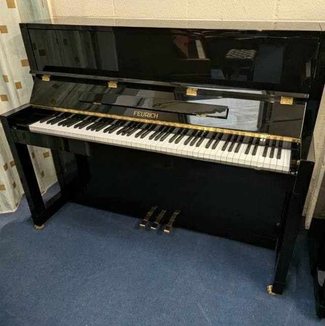 Feurich 115 upright Piano in black – Inventory thumbnail – Roberts Pianos Oxford