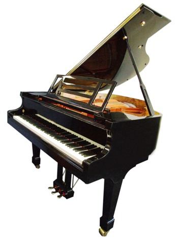 Feurich grand piano in bright black side view.