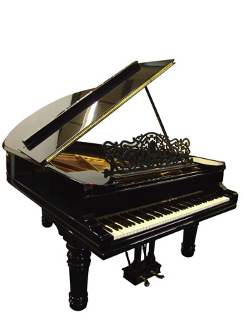 Steinway grand piano in black side view.