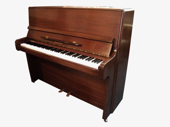 Welmar upright piano side view in mahogany